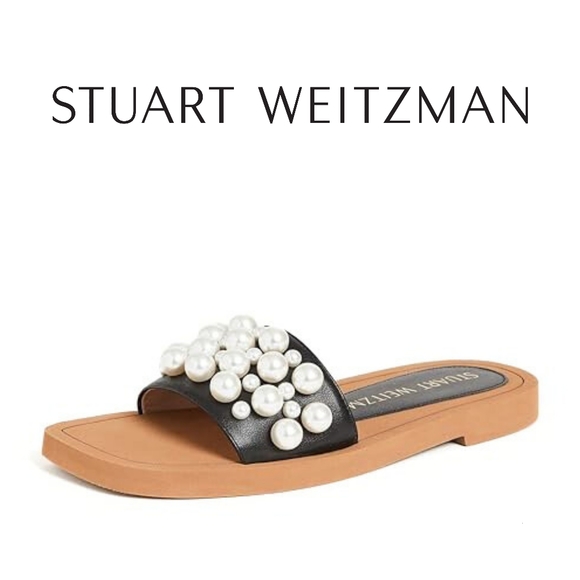 Stuart Weitzman Goldie Faux Pearl-Studded Leather Slides Size 9 Authentic - Picture 6 of 8